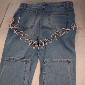 SHEIN Light Skinny Blue Jeans with Lace-Up Design Size S
